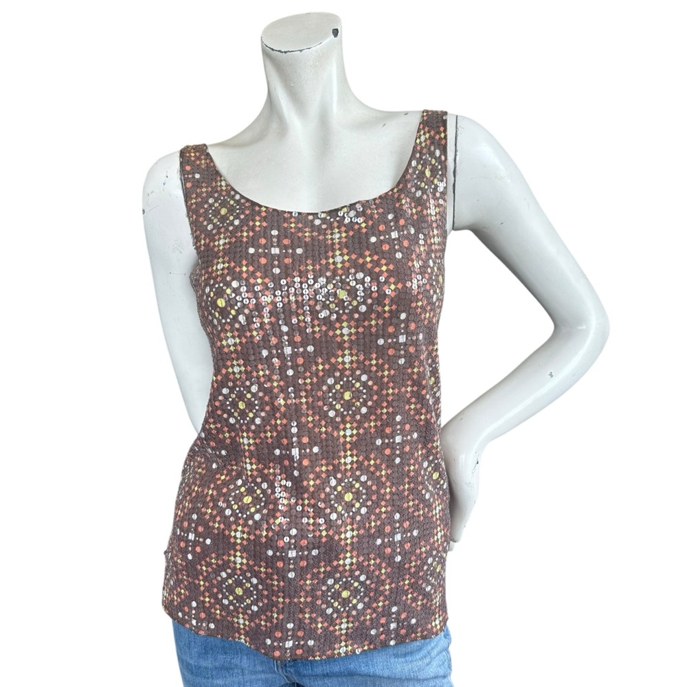 Tory Burch Brown Yellow Orange White Sleeveless Sequin Dressy Tank Size Small